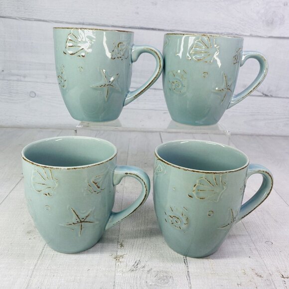 Thomson Pottery CAPE COD Embossed Seashells Stoneware 10.5oz 4"T Cups Mugs Set 4 - Picture 5 of 16